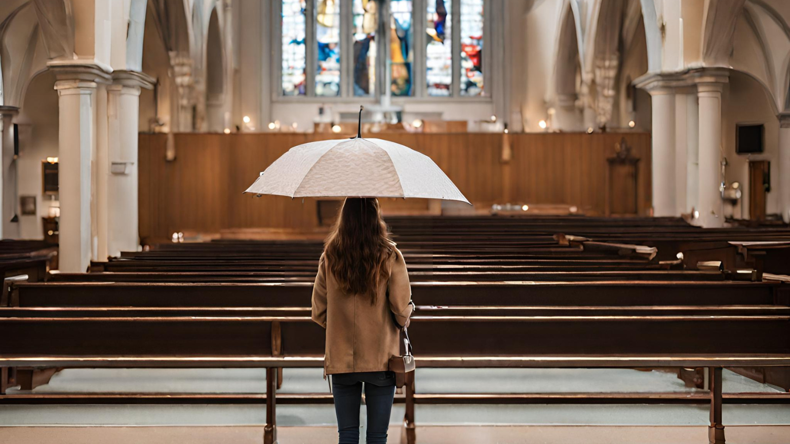 Linkbutton zum Schutzkonzept der Kirchgemeinde. Frau, die mit einem Regenschirm in einer Kirche steht.