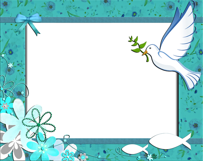 Türkis gerahmte Einladungskarte, verziert mit Schleife, Blüten, Fischen und einer Friedenstaube.
