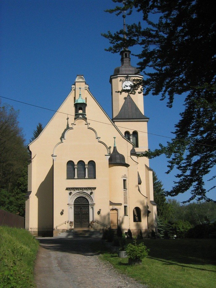 Hellgelb gestrichene Kirche Hohenfichte mit verschieden geformten Anbauten vor blauem Himmel.