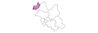 Eine Karte, auf der die Kirchgemeinde Niederlichtenau im Nordwesten violett markiert ist.