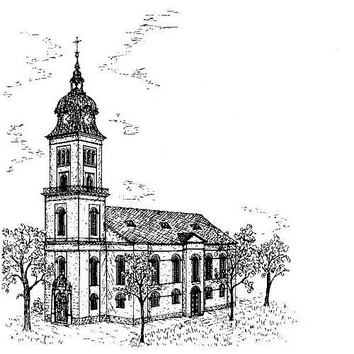 Schwarz-weiße Zeichnung der Stadtkirche St. Petri mit einigen Bäumen aus seitlicher Ansicht.