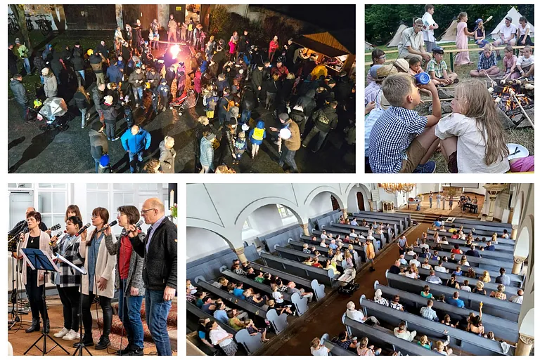 Fotocollage aus dem Gemeindeleben der Kirchgemeinde Eppendorf (Adventsmarkt, Erlebnistage, Freistilband, Gottesdienst)