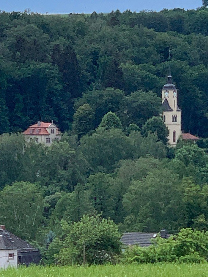 Pfarrhaus und Kirche Hohenfichte aus der Ferne fotografiert, teils versteckt hinter grünen Bäumen.
