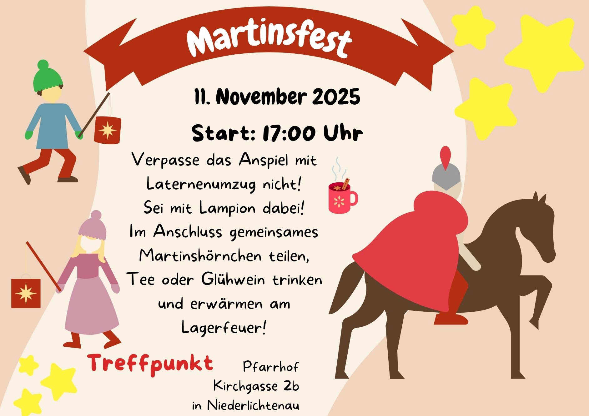 Einladung Martinsfest Kirchgemeinde Niederlichtenau, Martin auf dem Pferd sitzend, 2 Kinder mit Laternen, Start 17 Uhr am 11. November 2025 auf dem Pfarrhof Niederlichtenau